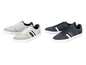Zwei Paar niedrige Sneakers, ein graues und ein dunkelblaues Paar.