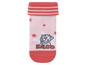 Rosa Socken mit Baloo-Print und roten Streifen.