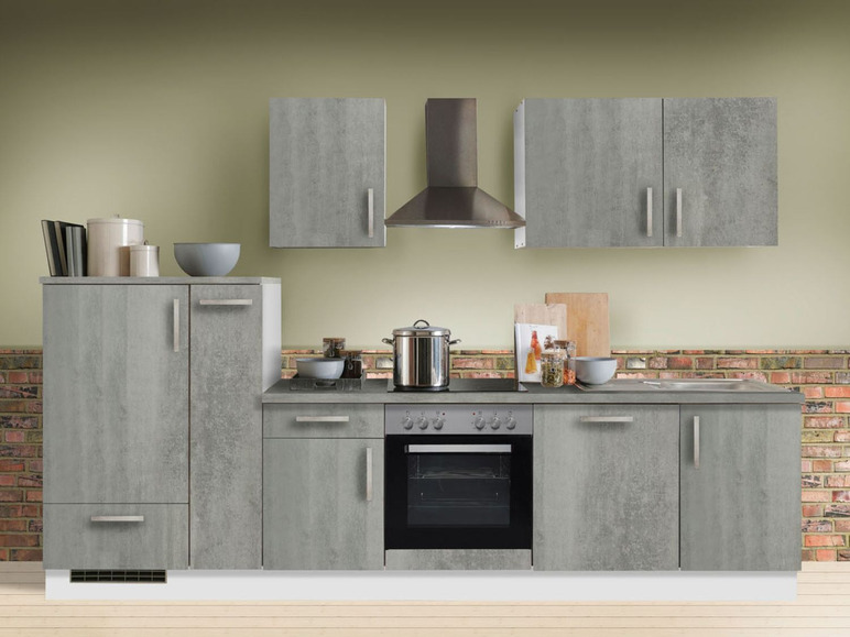 Küchenmöbel mit Backofen, Dunstabzugshaube und grauer Betonoptik.