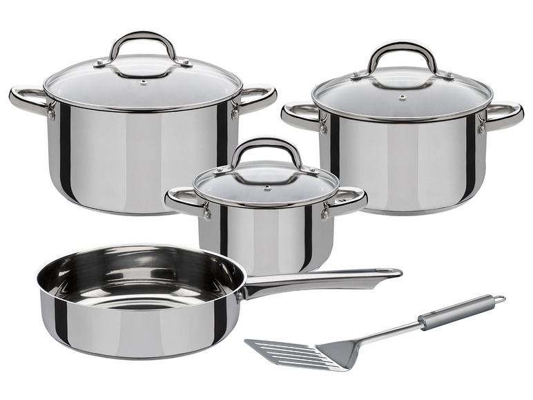 Ein Kochgeschirr-Set mit drei Töpfen mit Deckeln und einem Spatel.