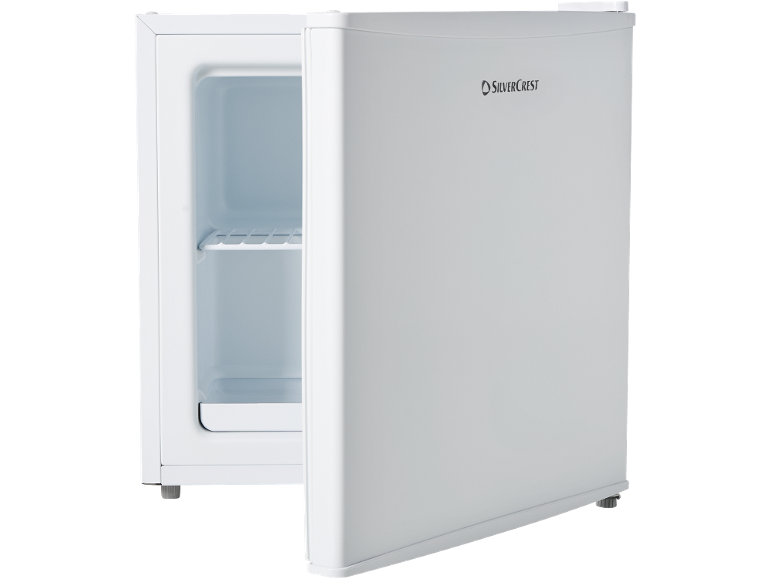 Weißer Minikühlschrank mit offener Tür, zeigt das Innenregal.