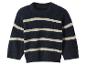 Dunkelblauer und cremefarbener gestreifter Strickpullover mit Knöpfen an der Schulter