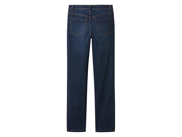 Dunkelblaue Jeans mit geradem Bein und Gesäßtaschen.
