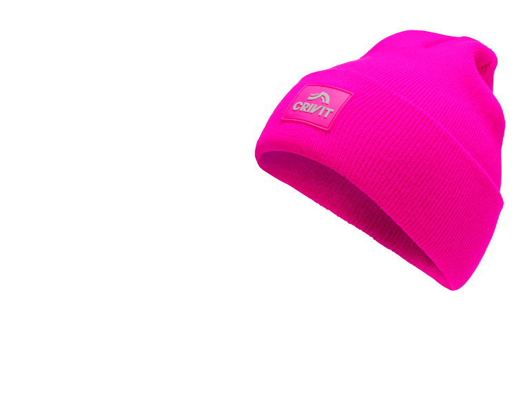Leuchtend pinke Strickmütze mit grauem quadratischem Logo-Patch