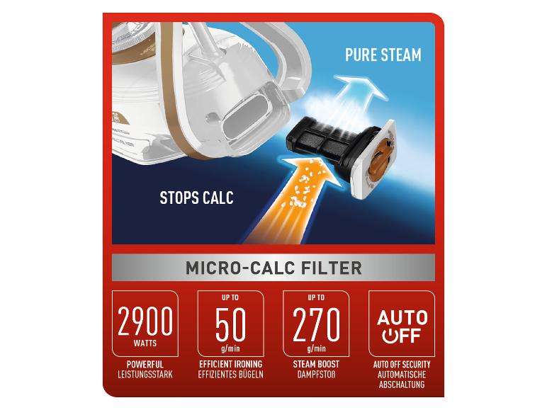 Bügeleisen mit Mikro-Kalkfilter, 2900W, 50g/min Dauerdampf, 270g/min Dampfstoß und Abschaltautomatik.