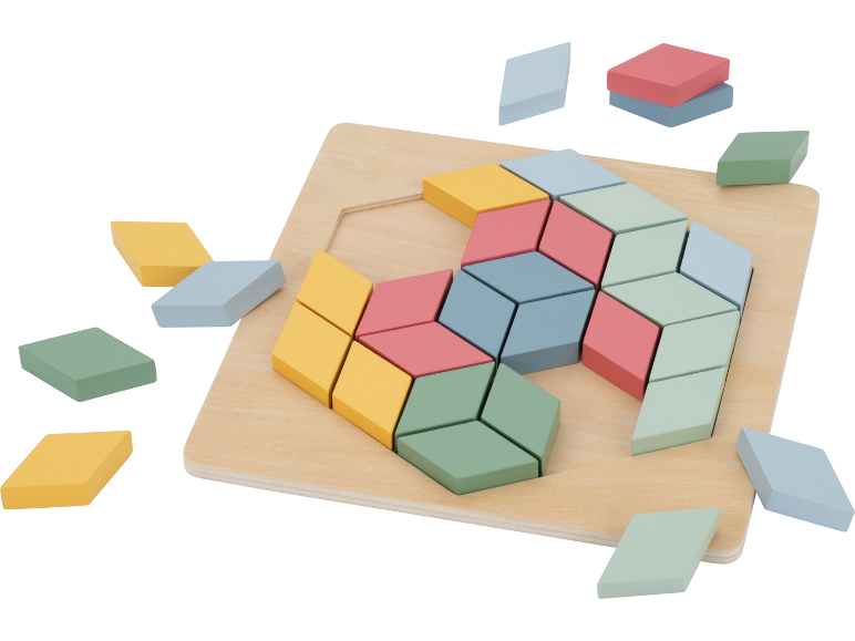 Holzpuzzle mit rautenförmigen Teilen in verschiedenen Pastellfarben.