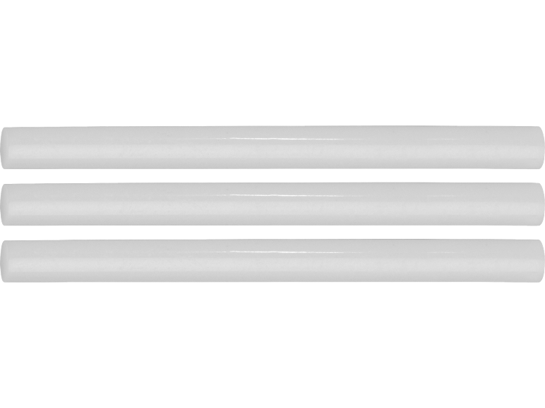 Drei weiße zylindrische Objekte, möglicherweise Röhren oder Stäbe, vor schwarzem Hintergrund.