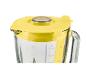 Glasmixerbehälter mit gelbem Deckel und Volumenmarkierungen.