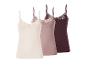 Drei spitzenbesetzte Camisoles in Creme, Altrosa und Burgunderrot.