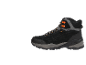 Schwarzer und grauer wasserdichter Wanderstiefel mit orangefarbenen Schnürsenkeln.