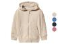 Beiger Kinder-Kapuzenpullover mit Reißverschluss und Taschen, mit Farbmustern.