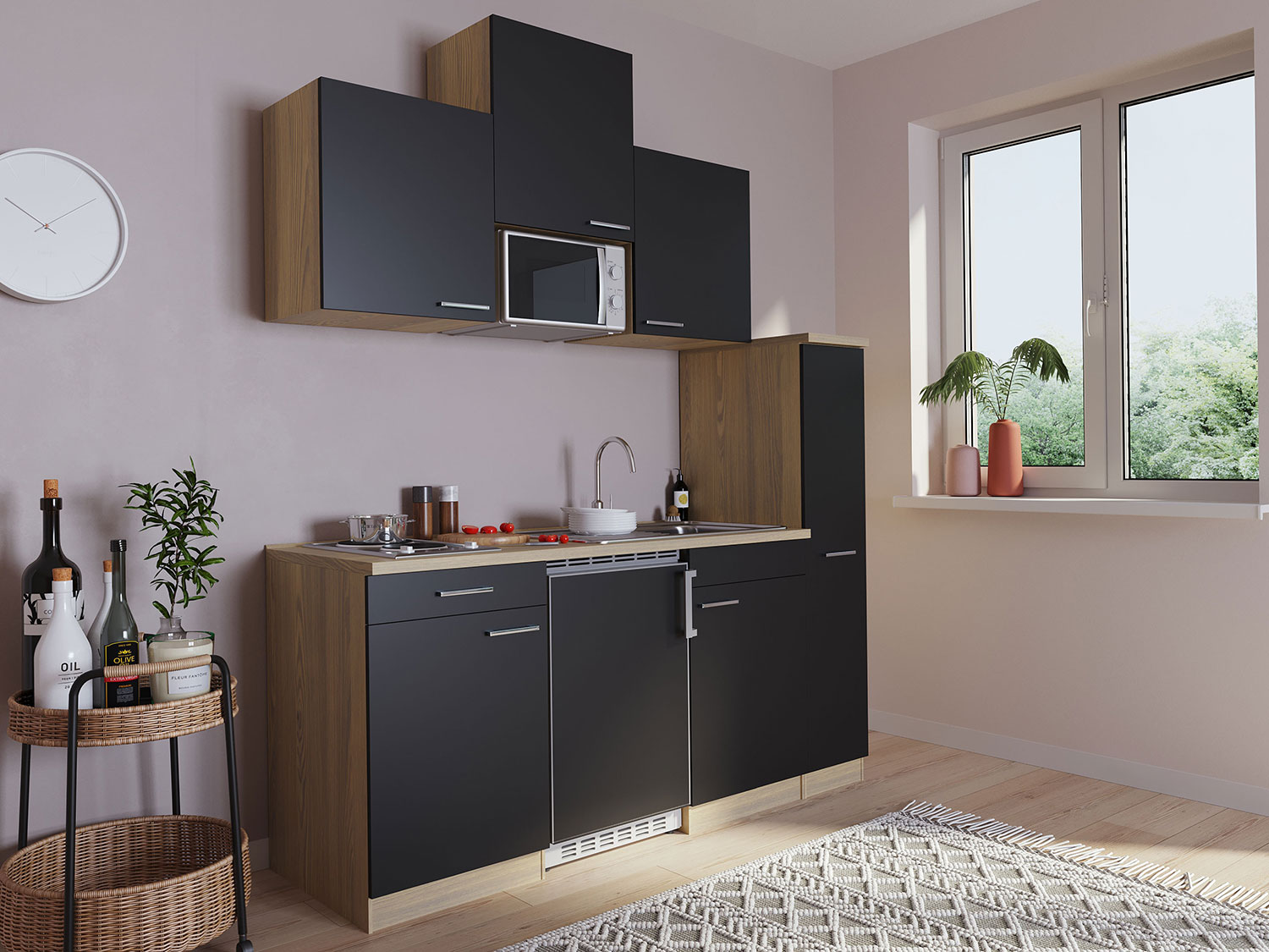 RESPEKTA Singleküche Eiche Sonoma Sägerau 150/160/180cm (mit Mikrowelle, schwarz mit Kochmulde, Breite 180cm) – Bild 2 von 4