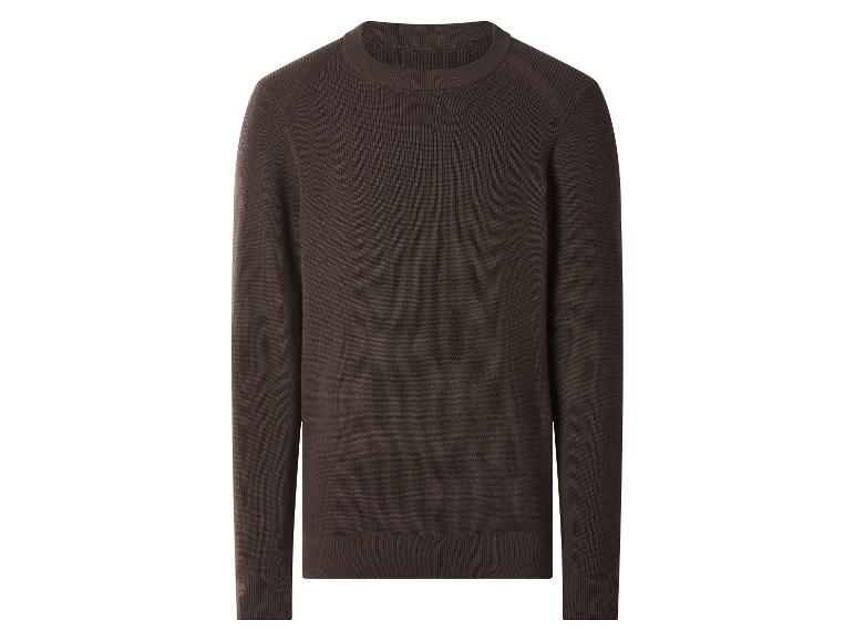 Dunkelbrauner Strickpullover mit Raglanärmeln und Rundhalsausschnitt.