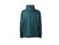 Grüne Regenjacke mit Kapuze und reflektierenden Details, Rückansicht.