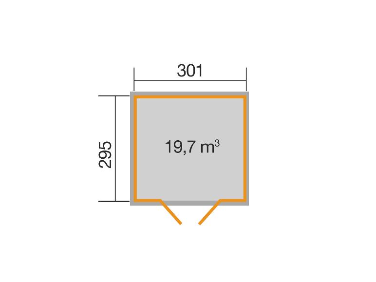 Grundriss mit Abmessungen 301x295 und einem Volumen von 19,7 m³.