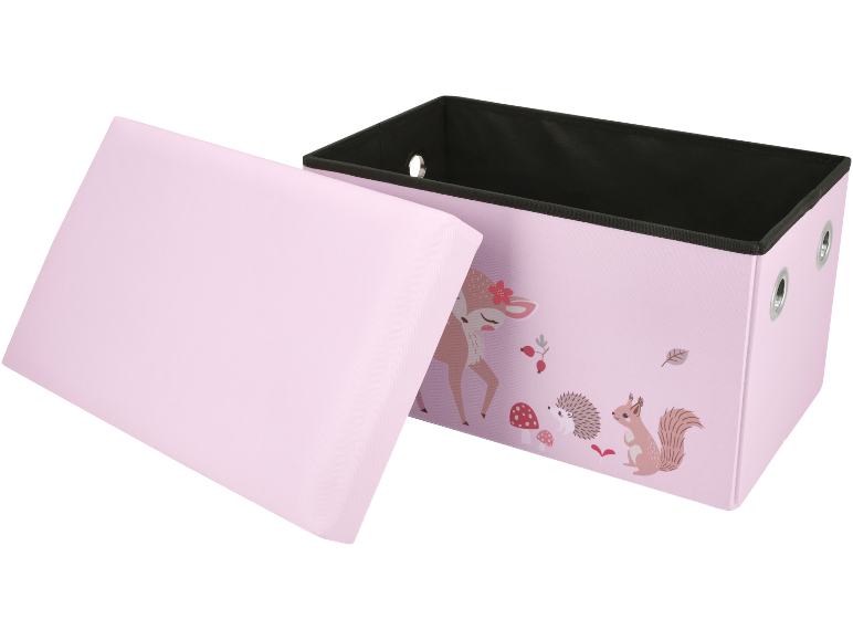 Rosa Aufbewahrungsbox mit Deckel und Waldtiermuster.