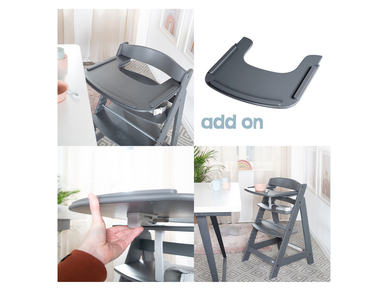 Ein grauer Hochstuhl mit abnehmbarer Tischplatte, geeignet für Kinder zum Essen am Tisch.