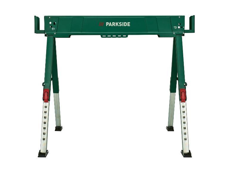 PARKSIDE grüne Sägebock mit verstellbaren Beinen und roten Verriegelungsmechanismen.