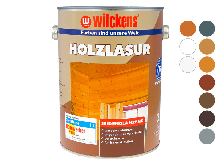 Wilckens Holzlasur in verschiedenen Farben, seidenglänzend, geeignet für innen und außen.