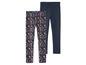 Zwei Leggings für Mädchen, eine mit Blumenmuster und eine dunkelblaue.
