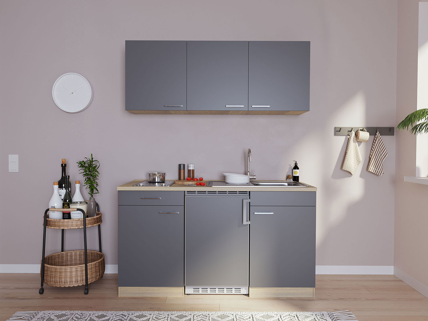 Respekta Singleküche Eiche Sonoma Sägerau 150/160/180cm (ohne Mikrowelle, grau mit Glaskeramikkochfeld, Breite 150cm) | 04260344973965