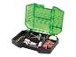 Offener grün-schwarzer Koffer mit verschiedenen Rotationswerkzeug-Zubehörteilen wie Bohrern, Schleifsteinen, Drahtbürsten, Schleifbändern und Polierpads.