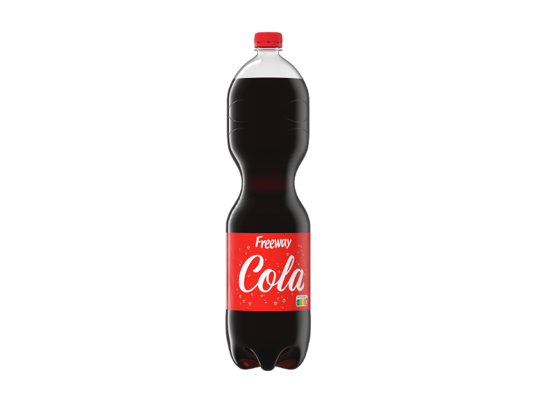 Cola-Flasche mit rotem Etikett mit der Aufschrift „Freeway Cola“ und Bläschen.