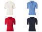 Vier gerippte Strick-Poloshirts in Weiß, Blau, Rot und Marineblau.