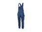 Blaue Jeans-Latzhose mit mehreren Taschen und verstellbaren Trägern.
