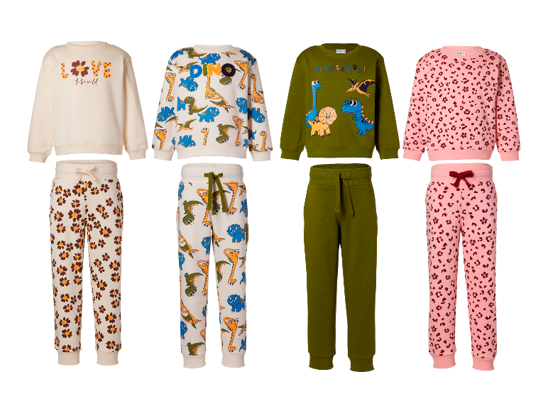 LUPILU Kleinkinder-Sweatanzüge mit Dinosaurier-, Blumen- und Leoparden-Motiven.