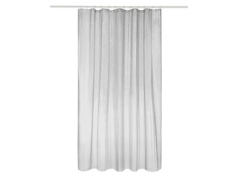 Ein weißer Duschvorhang mit einem strukturierten Design.