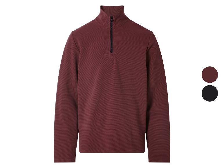 Herren-Pullover in Bordeaux mit halbem Reißverschluss und Stehkragen, mit schwarzem Reißverschluss.