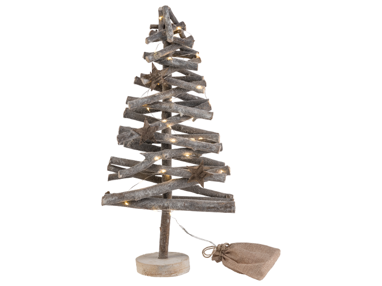 Dekorativer Holz-Weihnachtsbaum mit LED-Lichtern und Sternen, mit Stoffbeutel.
