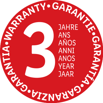 Garantiesiegel: 3 Jahre, in mehreren Sprachen.