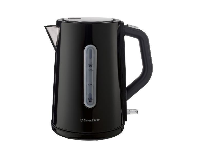 Schwarzer Wasserkocher mit Wasserstandsanzeige und ergonomischem Griff.