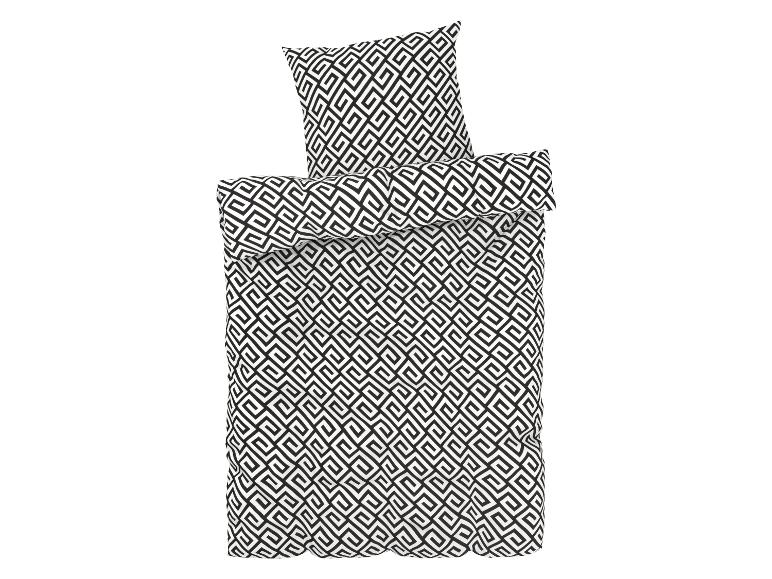Ein weißer Bettbezug mit schwarzem geometrischen Muster.