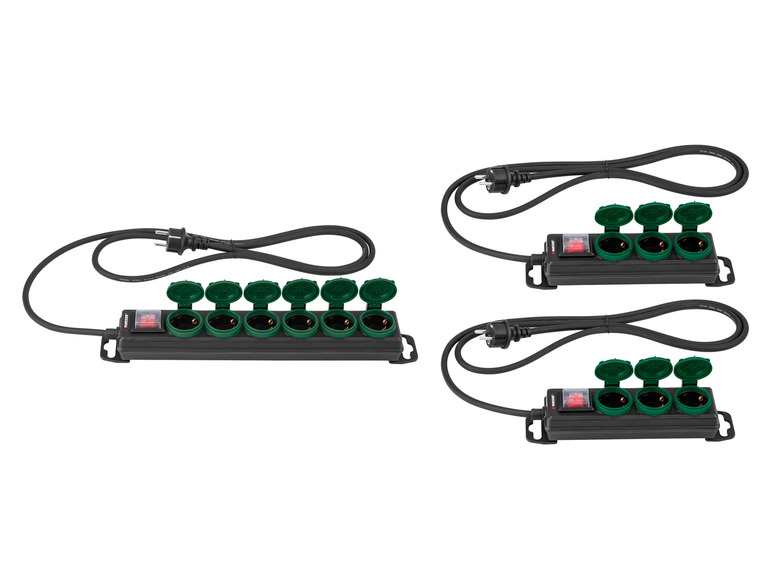Zwei schwarze Steckdosenleisten mit grünen Schutzklappen von Parkside.