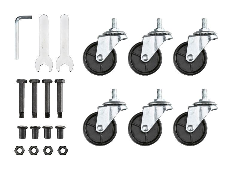 Set aus Lenkrollen, Schrauben, Muttern und Schraubenschlüsseln zur Montage.