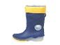 Blauer Kindergummistiefel mit gelbem Umschlag und 'Happy Day' Wolkenmotiv