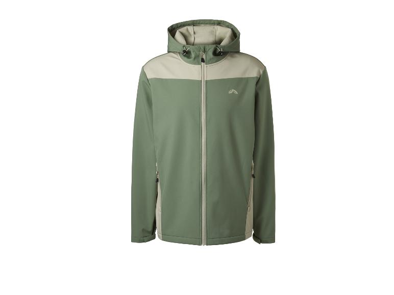 Grüne Softshelljacke für Herren mit beigen Einsätzen und Kapuze.