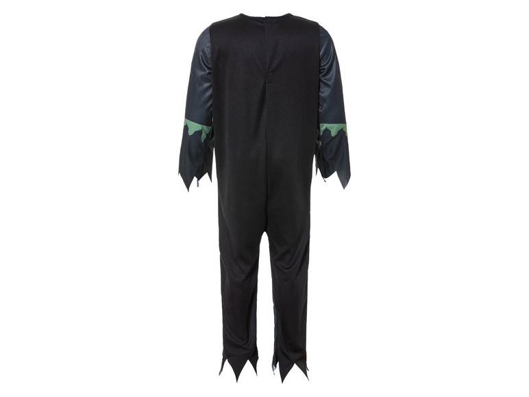 Schwarzes Halloween-Kostüm mit grünen Details.
