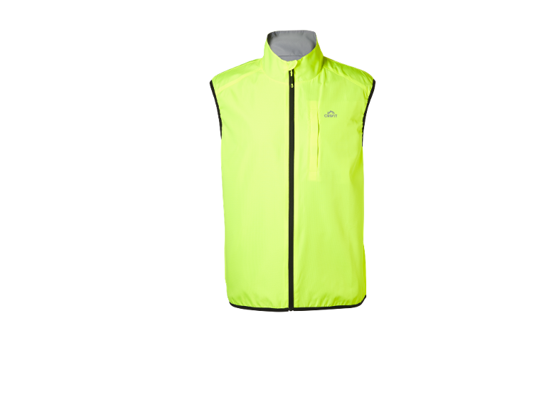 Neon-gelbe ärmellose Sportweste mit Reißverschluss.