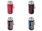 Vier tragbare Lautsprecher in Form von Getränkedosen: zwei rote und schwarze mit „Cola“, zwei schwarze mit „KONG“.
