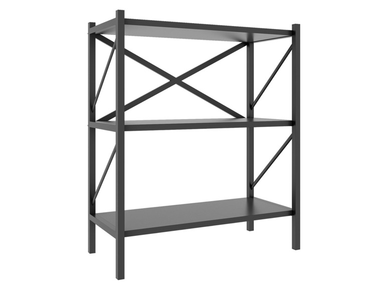 Ein schwarzes Metallregal mit drei Regalbrettern.