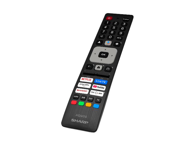 Schwarze Fernbedienung mit farbigen Tasten und Streaming-Dienst-Logos.