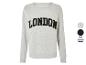Ein grauer Sweatshirt mit langen Ärmeln mit dem Schriftzug 'LONDON'.