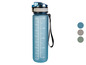 Eine blaue Wasserflasche mit einem schwarzen Trageriemen.