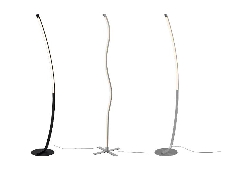 Drei moderne LED-Stehlampen, eine schwarze und zwei silberne, auf weißem Hintergrund.
