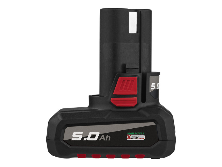 Ein schwarzer Akku mit 5,0 Ah Kapazität und dem X-12V Team Logo.