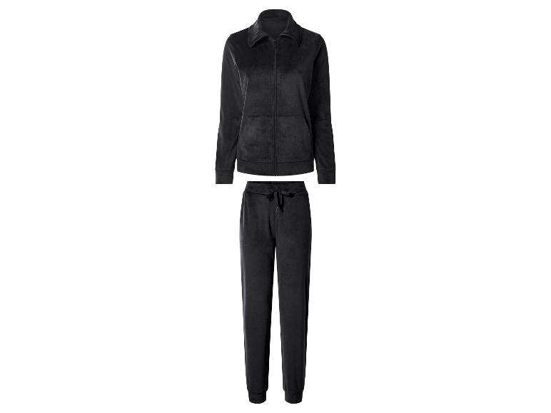 Schwarzer Velours-Trainingsanzug mit Reißverschlussjacke und passender Jogginghose.